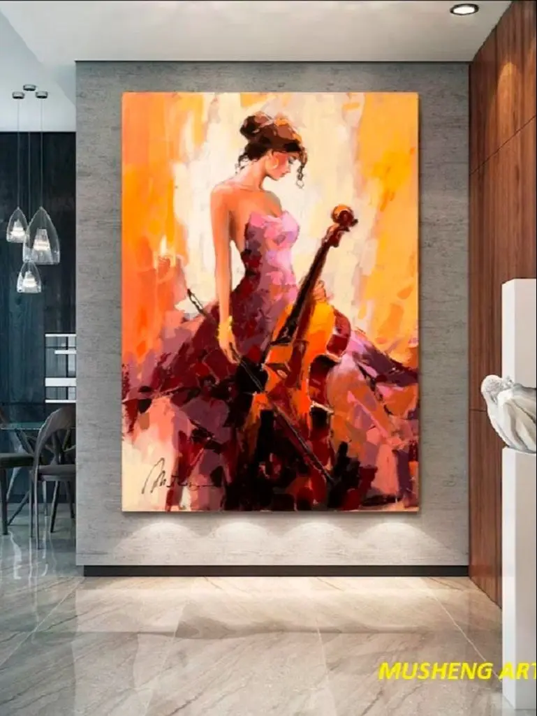 

Handmade Modern Violin Music Girl Oil Painting on Canvas Abstract Colorful Woman Dress Figure Wall Art for Living Room Decor