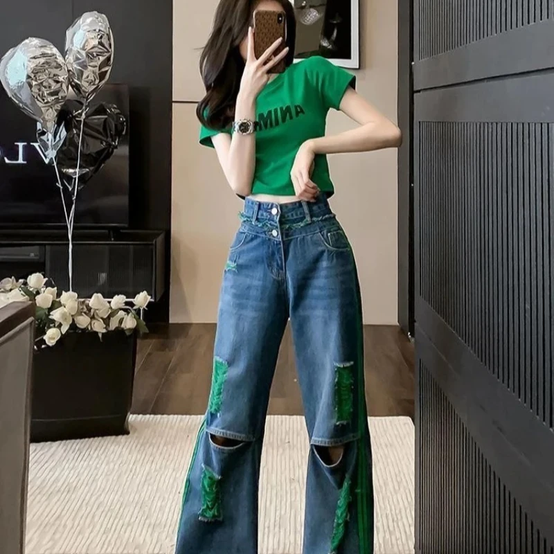 Pantaloni da cowboy femminili Loosefit con stampa Jeans da donna Abiti popolari coreani Baggy Taglia X Larg Designer di lusso in vendita Pantaloni