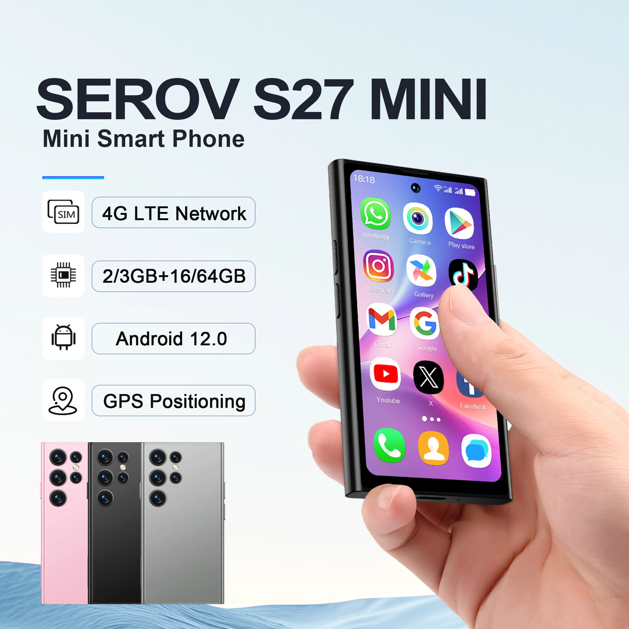 SERVO S27 Mini 4G Карманный смартфон Andorid 12,0 ОЗУ 2/3 ГБ ПЗУ 16/64 ГБ 5 МП Задняя камера WhatsAPP GPS 2 SIM 4,0 дюйма Samll Смартфон