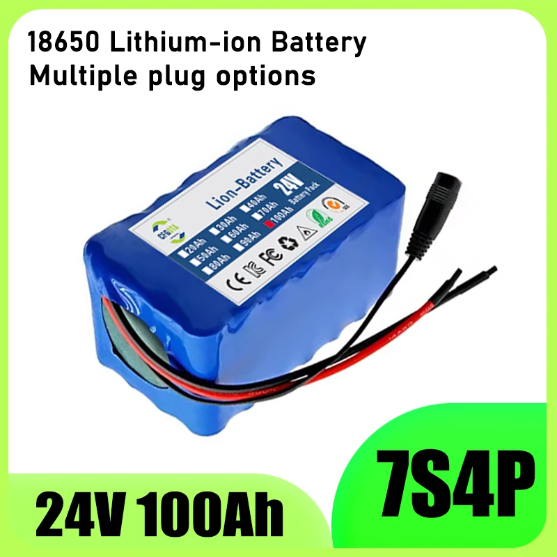 24V 100Ah 7S4P battery pack 18650 lithium-ion battery, built-in BMS, large capacity electric wheelchair battery