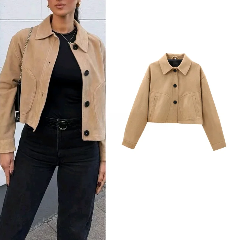 เสื้อแจ็คเก็ตหนังผู้หญิงแบบยาว คอปก แขนยาว แต่งกระดุม ดีไซน์เรียบง่าย รุ่น 4720200