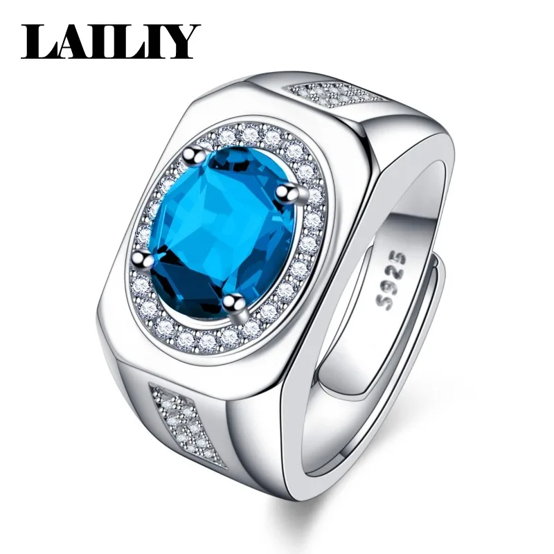 LAILIY925 Sterling Silver Oval Diamond Colored Gemstone Adjustable Ring for Men Women FashionJewelry