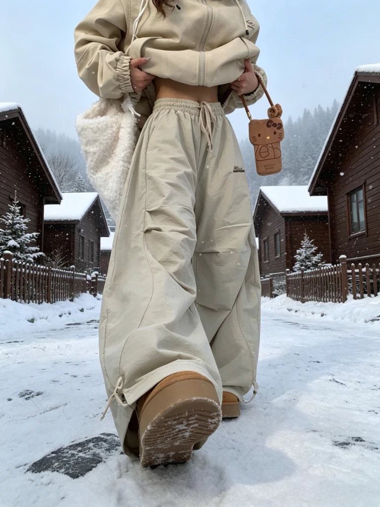 Fleece Lined American High Street Ruched Wide Leg Trousers Elastic Waist Loose Long Pants Autumn Winter, Apricot & Black