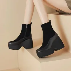 Winter New Thick Heel Cotton Boots Women Fashion Round Head Stitching Suede Side Zipper Thick Sole Non-slip Short Boots