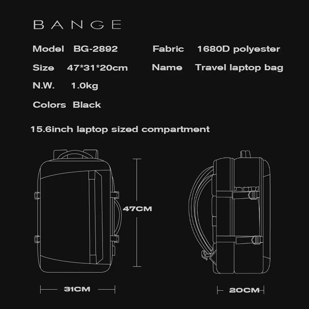 BANGE New Multifunctional USB Recharging Travel Backpack Men Business Waterproof School Bag Large Capacity 15.6 Laptop Backpacks