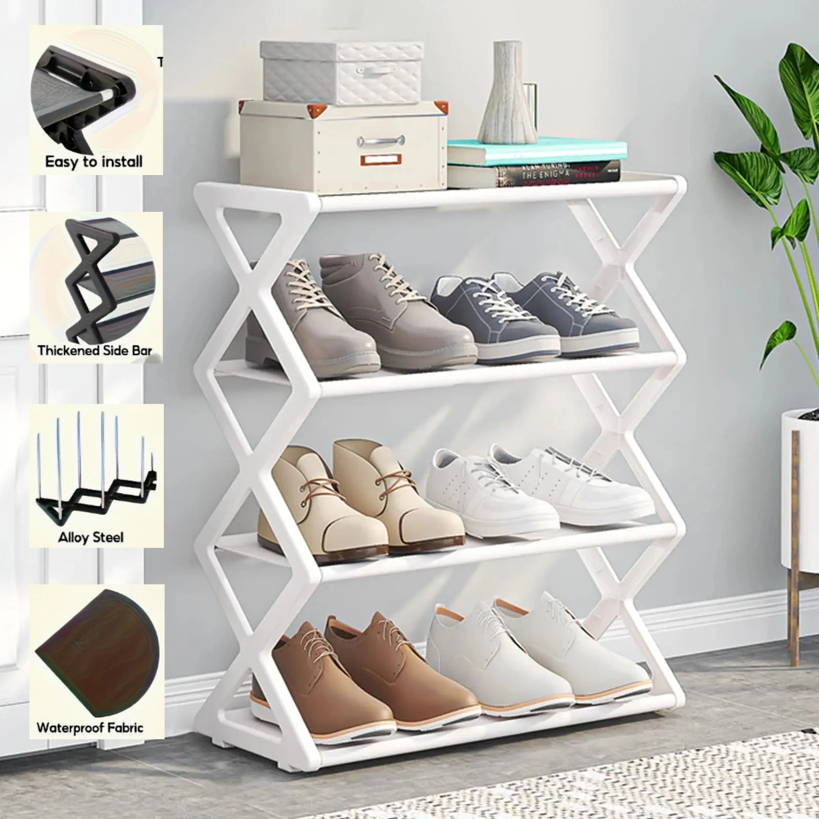 Faltbares X-förmiges Schuhregal, 4-stufiges freistehendes Aufbewahrungsregal ohne Montage, platzsparender Organizer für den Eingangsbereich und den Kleiderschrank.