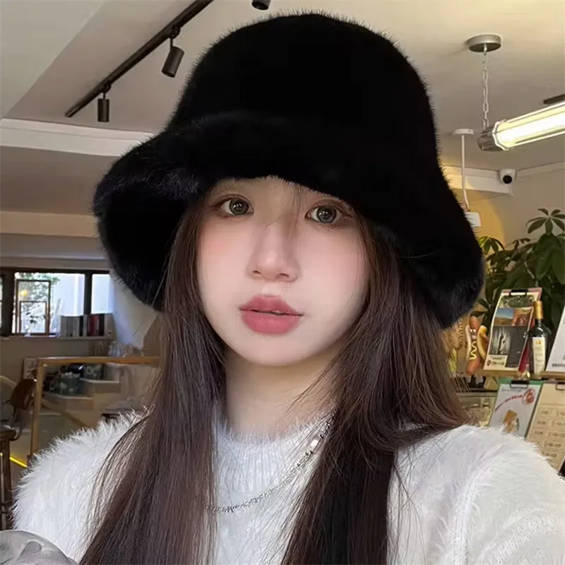 Korean Lamb Faux Fur Bucket Hat Lady Winter Warm Soft Panama Hat Outdoor Fisherman Cap For Women Solid Color Beanie Bonnet 2024