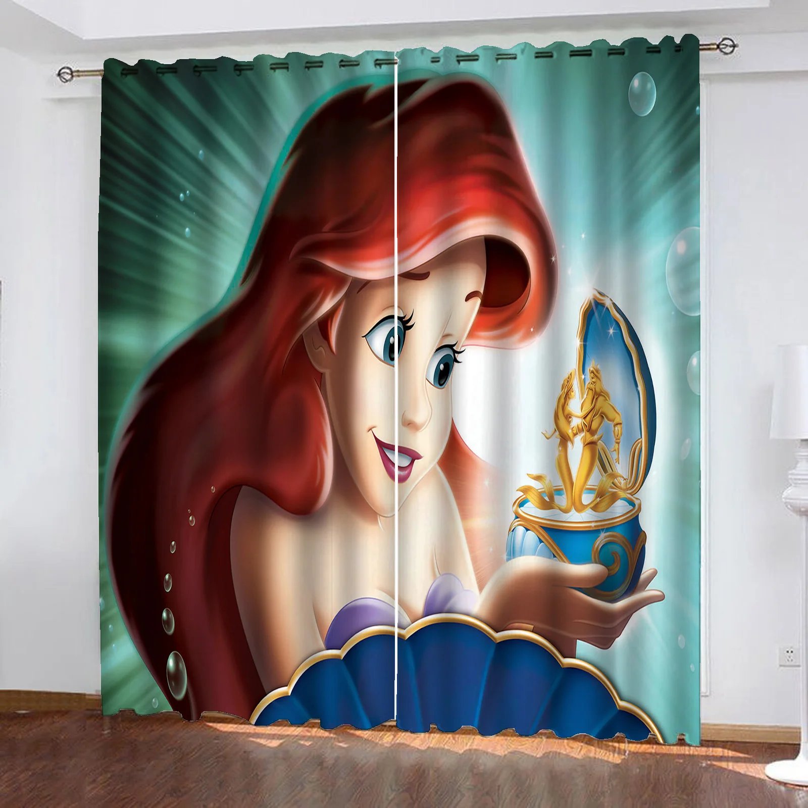 Mermaid Ariel 100% Polyester Blackout Curtains For Living Room Home Decor  Perforated Dustproof Cortinas Cartoon Cute 커튼