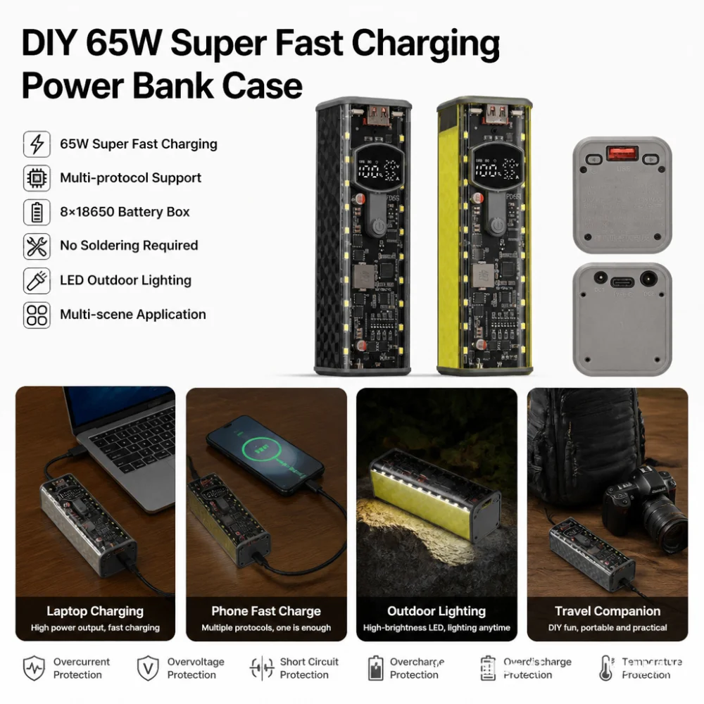 PD 65W/45W/20W Super Fast Charging Power Bank DIY module Shell With Built-in Charging Cable DIY Battery Box place8-Cell  Pack