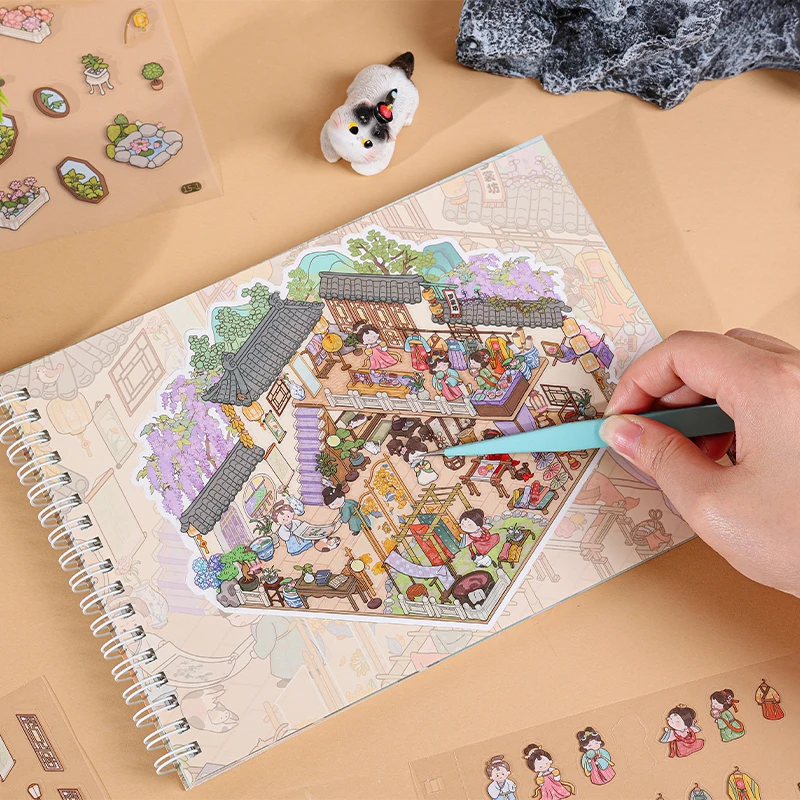 40Pcs Scenes Cartoon Landscape Sticker Book Ancient style building DIY 3D Sticker Cabin Scene Pocket Birthday Gift For Planner