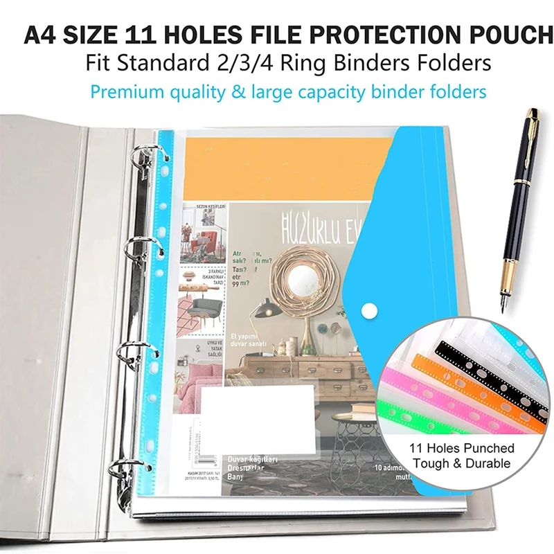 12 Packs Binder Pocket 11 Holes Expandable Binder Folders For 2/3/4 Ring Binder Plastic Envelope File Document Pouch