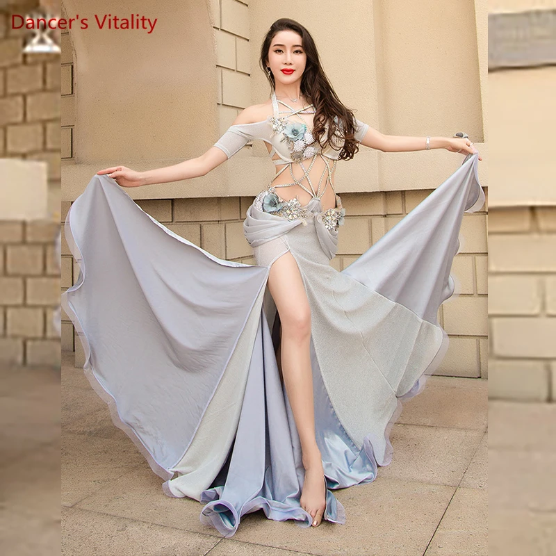 Belly Dance Performance Clothing Set Cusomzied Adult Child Belly Dancing Flowers Bra+satin Long Skirt 2pcs Oriental Dance Wear