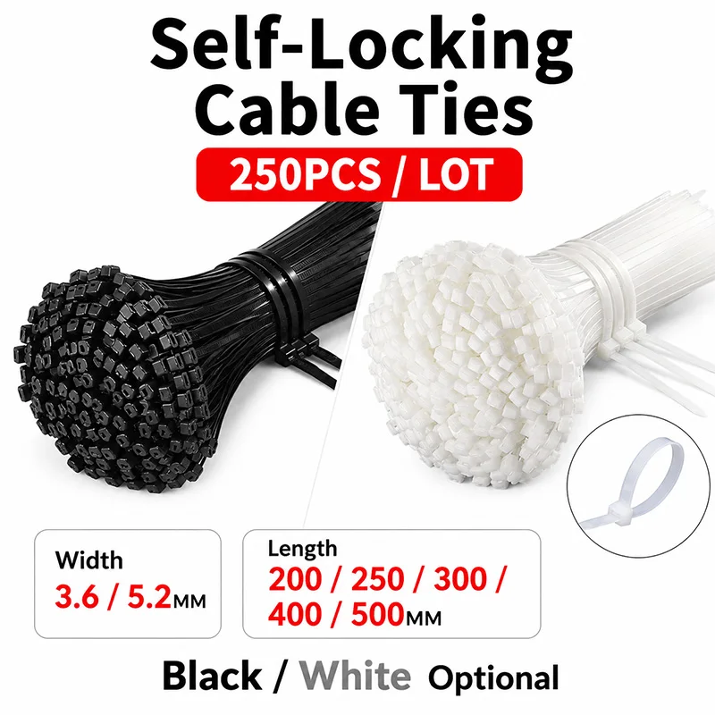 Self Locking Nylon Cable Ties 250 500PCS White Black Zip Ties 3.6mm Width 200-500mm Wire Organizer Industrial Fastener Kit Bulk