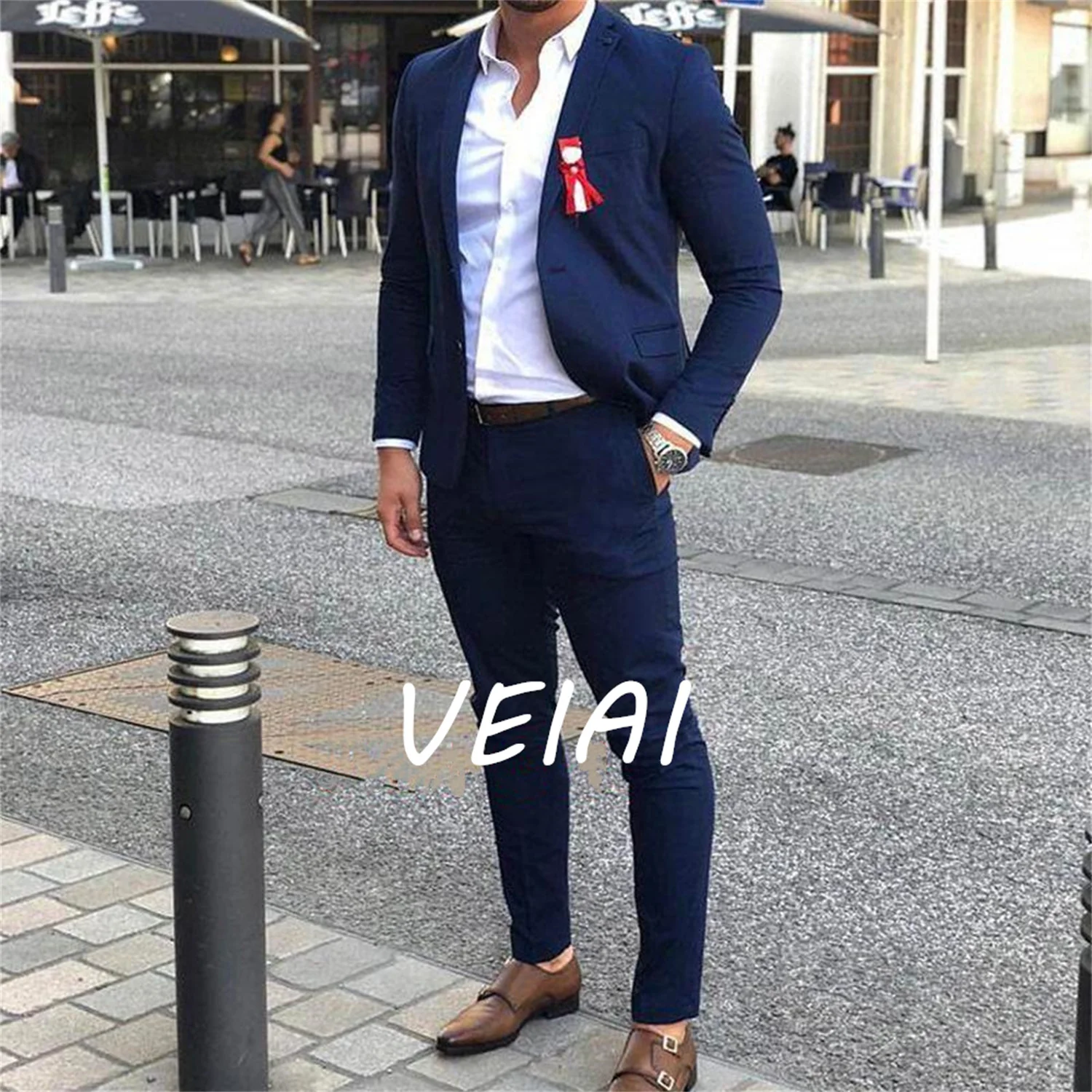 

CustomizedFashion Classy Blue Wedding Tuxedos Mens Suits Slim Fit Notch Lapel Prom Father Tailor Made Groomsmen Blazer ( Jacket+