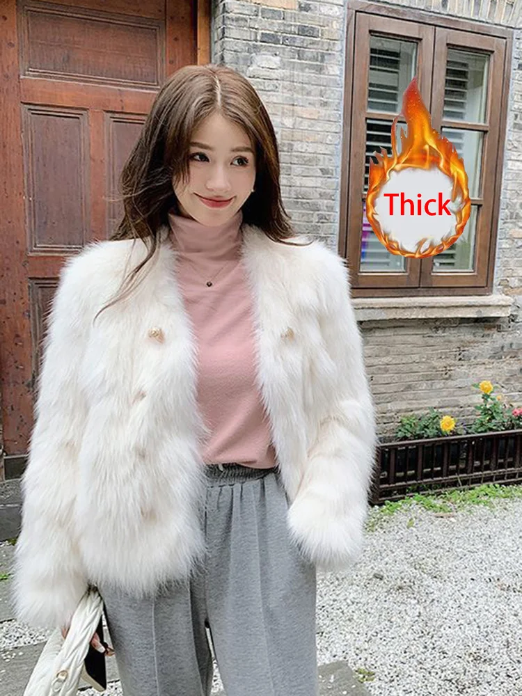 

White Thick Faux Fox Coat Women Sweet Long Sleeve Chic Elegant Jacket Korean Casual Faux Fur Female V Neck Winter Warm Outwear