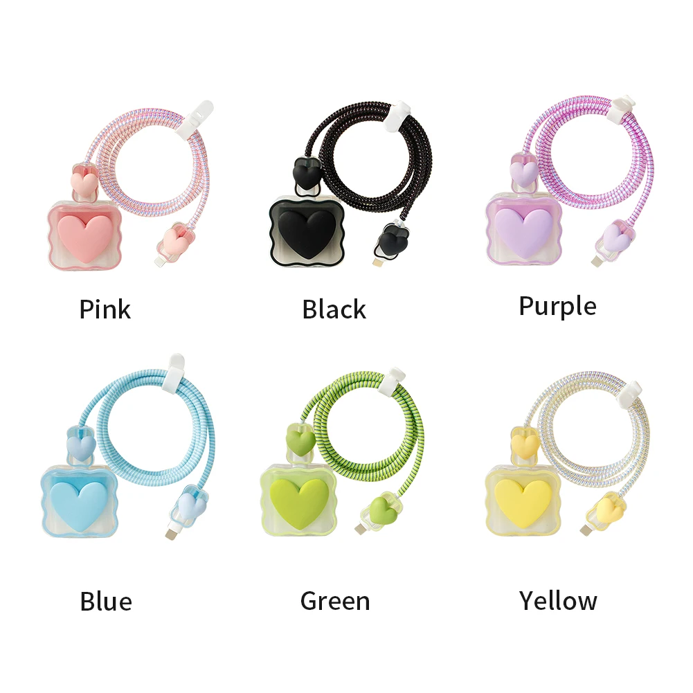 Data Line Management Charger Protector Set Heart Shape Cute Anti Bite Cable Saver Spiral Cord Sleeve Case Fit For IPhone 18W 20W