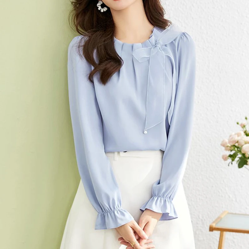 Women Chiffon Shirt Korean Solid Elegant Bow Lace Up Female Blouse Spring New Fashion Flare Long Sleeve Chic Ladies Tops