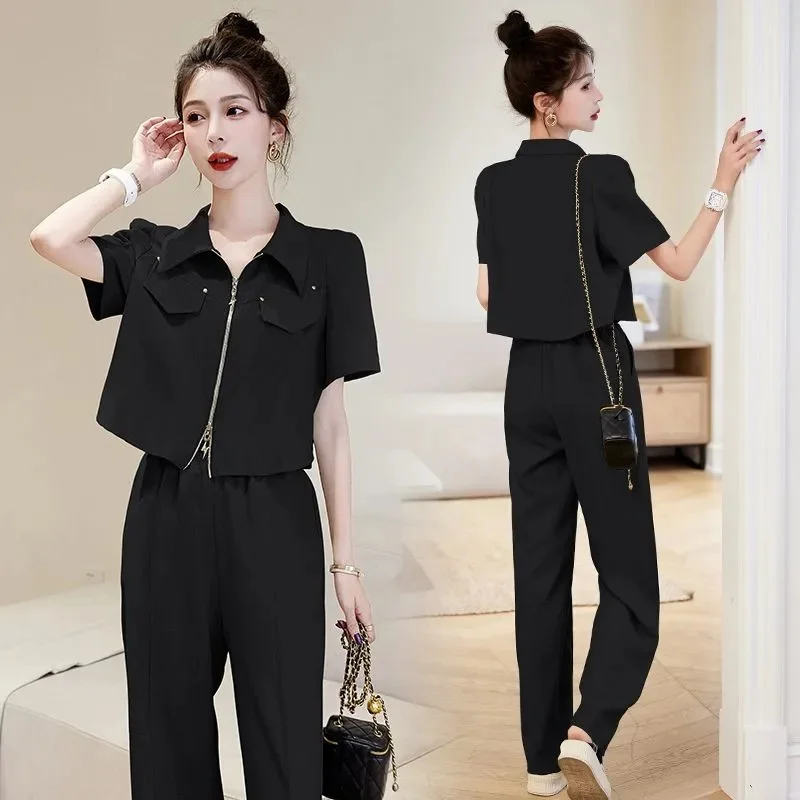 2023 Summer New Casual Fashion Light Mature Style Temperament High Grade Set Short Sleeve Shirt Wide Leg Pants Two Piece Set WL9