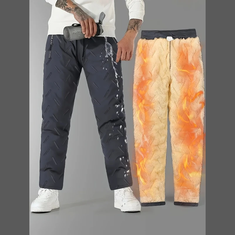 Men's Casual Polyester Lambswool Pants Winter Solid Color Regular Mid-waist Thick Warm Trousers Polyester Lining Parka Pants Man