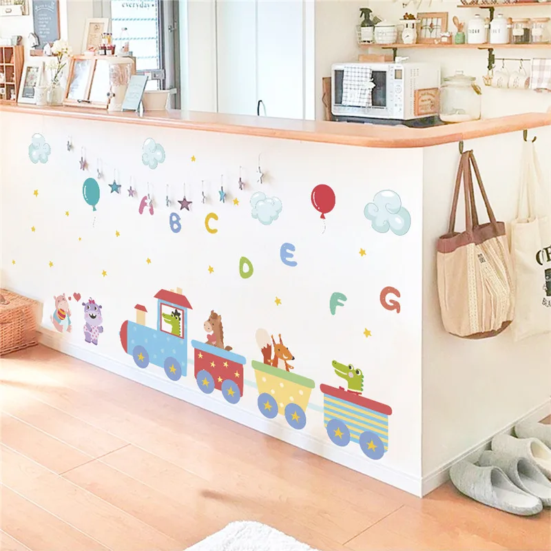 Cartoon Animal Drive Train Wall Stickers For Kids Bedroom Decoration Horse Tiger Safari Mural Art Diy Pvc Home Decal Poster