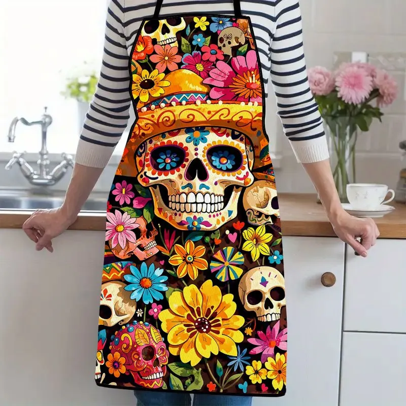 1pc Mexican Sugar Skull Apron - Vibrant Day Of The Dead Apron With Traditional Calavera Patterns Unisex & Suitable For Cooking B