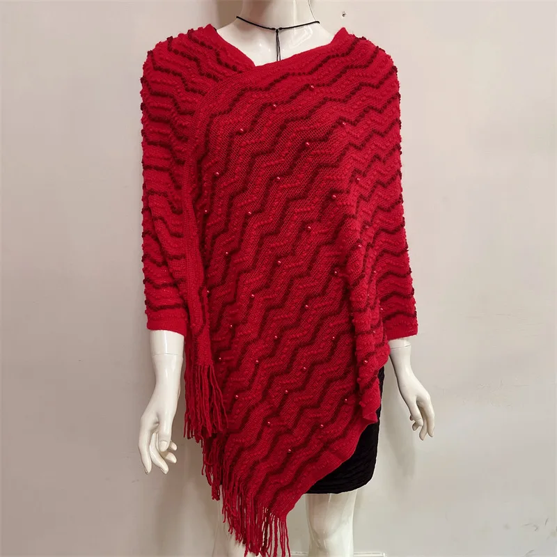 

Spring Autumn New Style Shawl Cloak Women Pearl Color Matching Nail Bead Imitation Cashmere Warm Tassel Knitted Coat Red