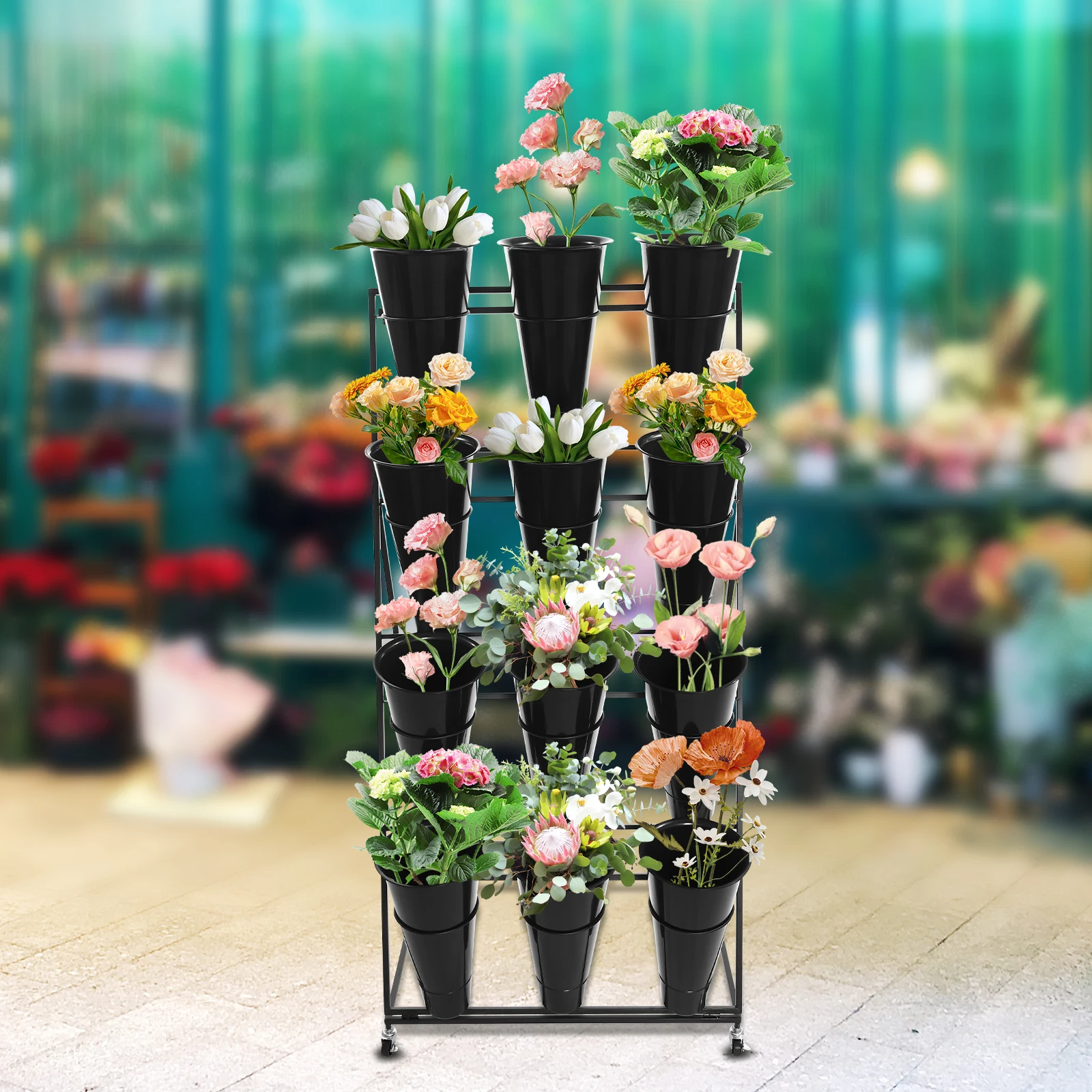 Flower Stand w/12pcs Black Plastic Bucket, Heavy Duty Moving Plant Cart Shelf for Outdoor Patio Garden Weddings image 5