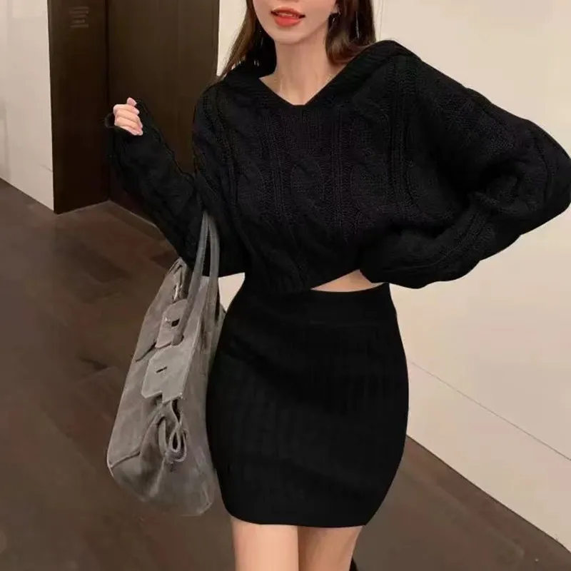 Spring Autumn 2025 Women's Knitted Hat Sweater Thiened Long Sve Pure Color f Skirt Set Retro Trendy Elastic Bodycon