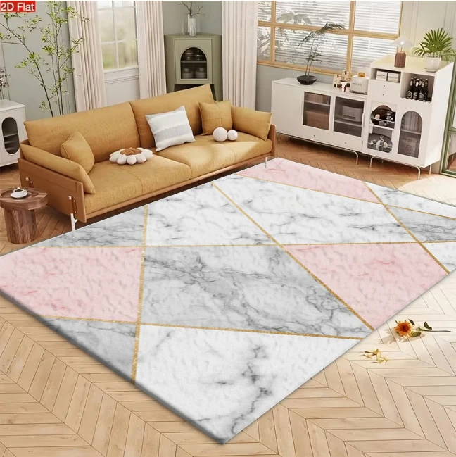 Pink White Marble Geometric Gold Line Carpet Flooring Modern Large Area Rug for Living Room Bedroom Indoor Home Decoration