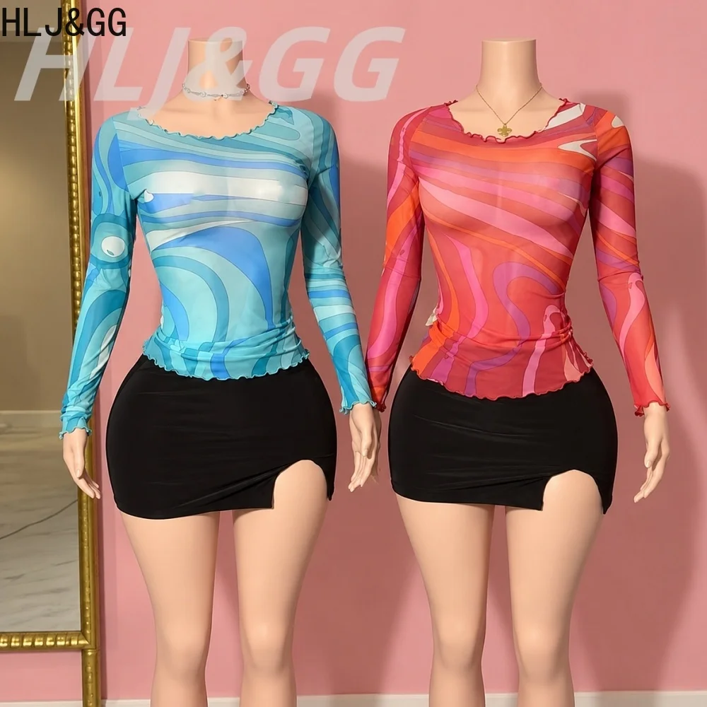 HLJ&GG Women Y2K Printed Mesh Two Piece Outfit Women Long Sleeve Slim Top + High Waist Bodycon Mini Skirt Party Club Set Street