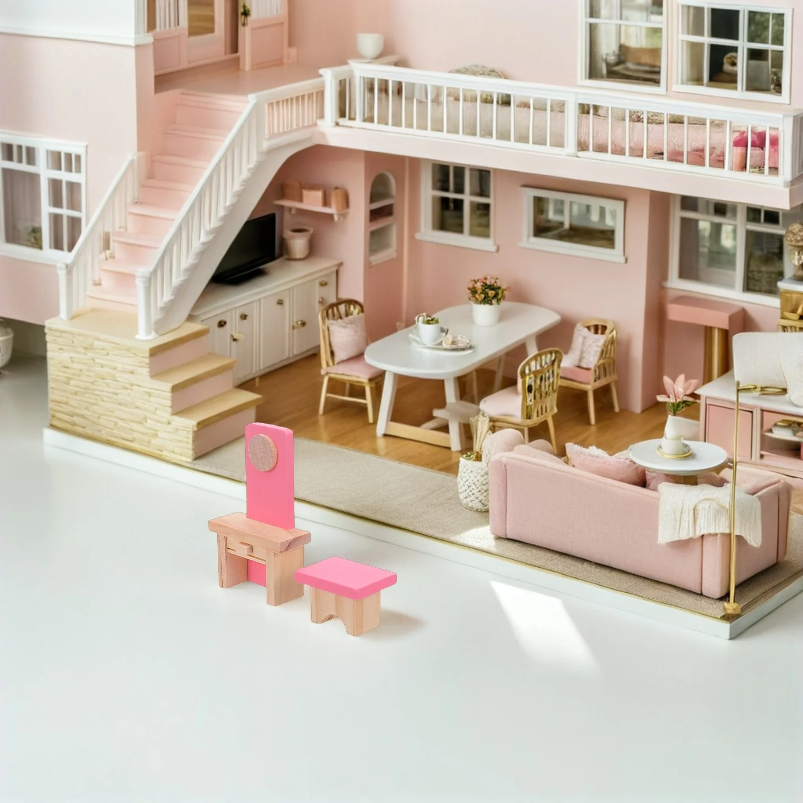 مجموعة واحدة من أثاث بيت الدمى الخشبي، محاكاة واقعية، لعب التظاهر للأطفال، لعب الأدوار، غرفة المعيشة الصغيرة، ديكور المطبخ