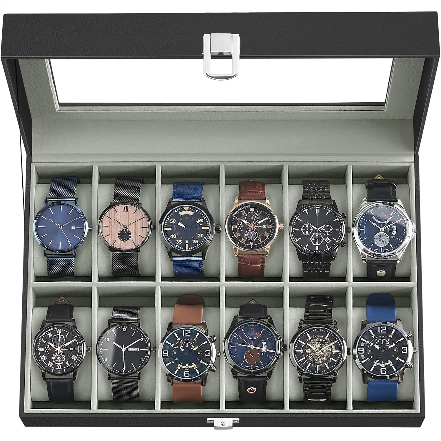 12-Slot Watch Box with Glass Lid, PU Leather Watch Case Organizer for Men, Removable Pillows, Gift for Watch Lovers