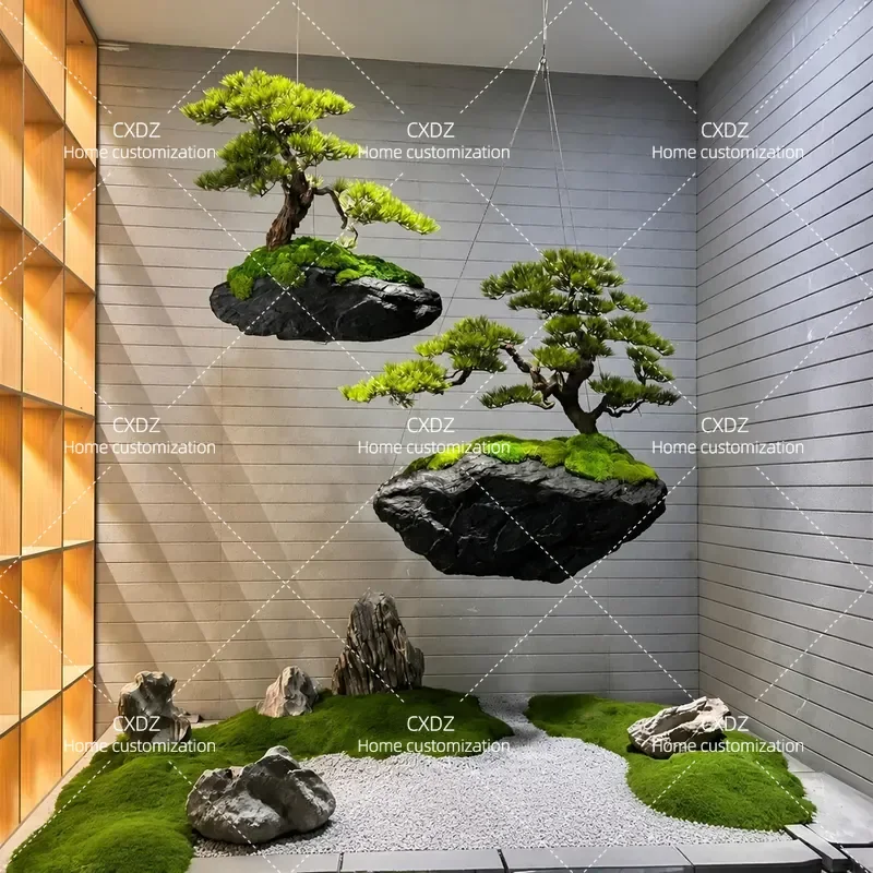 Hanging suspended island rockery simulation tree indoor landscape hotel pine tree ceiling creative window hanging plants