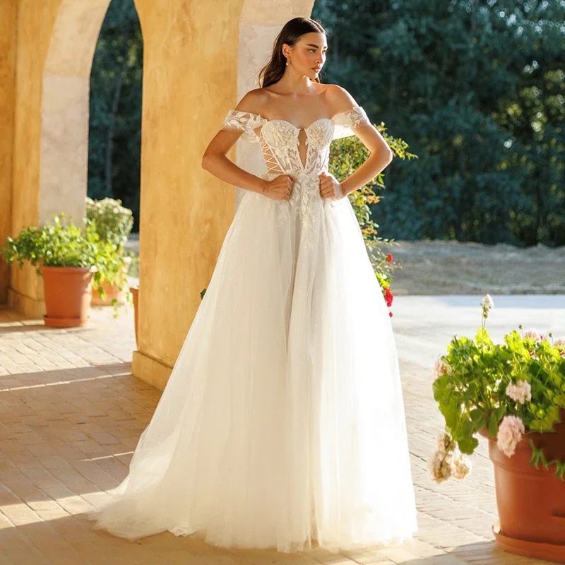 

Boho Lace Appliques Wedding Dress Simple A-Line Strapless Off the Shoulder Pleat Sexy Open Back Bride Dresses 2025 Customized