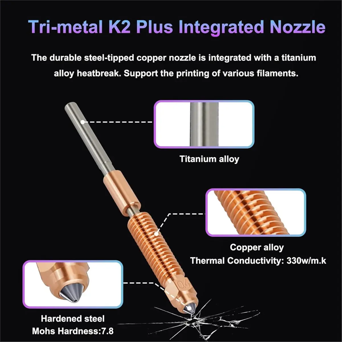 AT16 4PCS Quick-Swap Nozzle Kit,Titanium Heat Break with Copper & Hardened Steel Tips, for K2//K2 Plus/Hi Combo