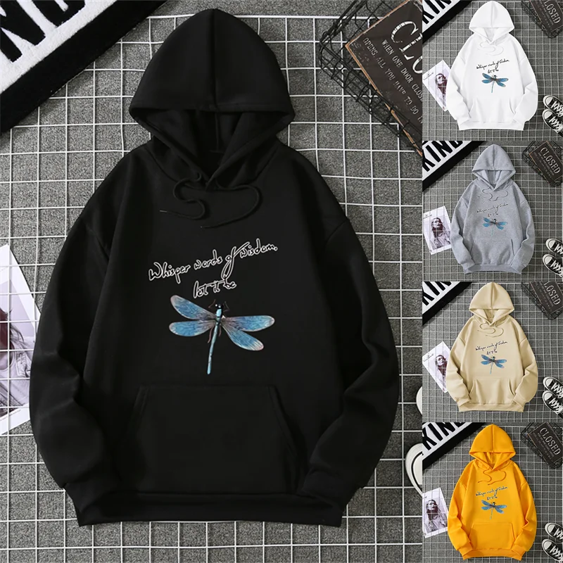 

Cute Dragonfly Graphic Hooded Sweatshirt Cute Cartoon Long Sleeve Crew Neck Shirt Casual Every Day Tops Womens Clothing simple