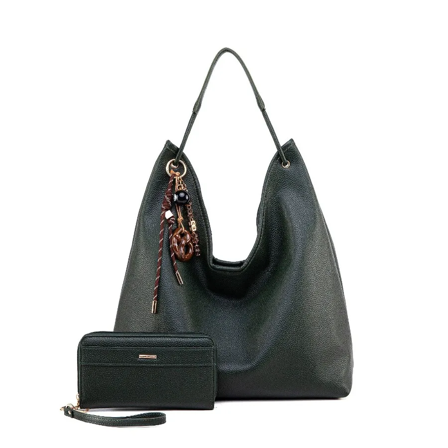MKF Collection Eloa Hobo Bag with Wallet 2-piece Set in Black Vegan Leather with Gold Hardware for Everyday Use