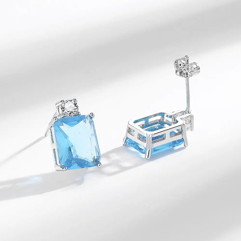2026 New 925 Sterling Silver Blue Crystal Earrings, Princess Cut Square Zircon Earrings, Minimalist Fashion Jewelry for Women
