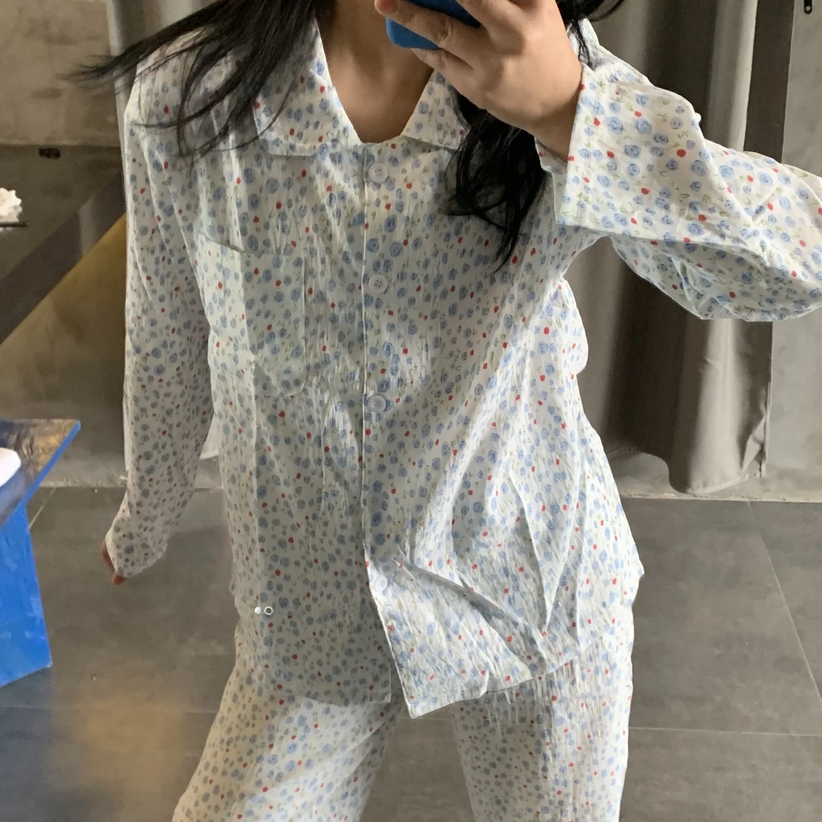 怠惰な夏の綿花柄寝間着女性の衣装居心地の良いホーム服セットスウィートガール長袖フリップカラー純綿パジャマ