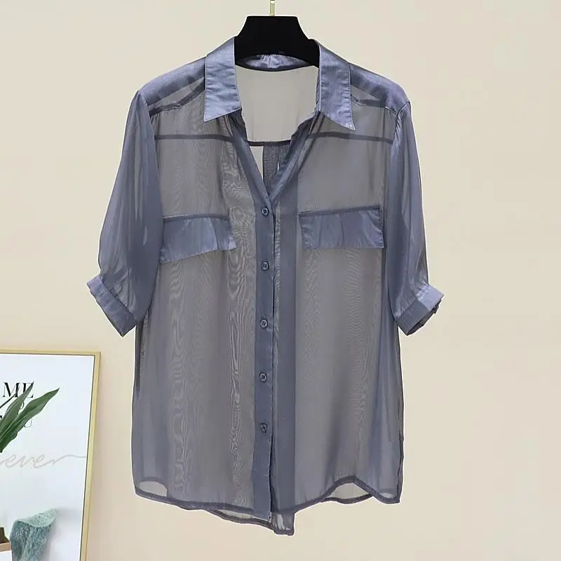 الشيفون البساطة رقيقة قميص بلايز النساء الملابس قصيرة الأكمام بولو الرقبة الصلبة الشارع بلوزة غير رسمية الصيف موضة جديدة خمر #6