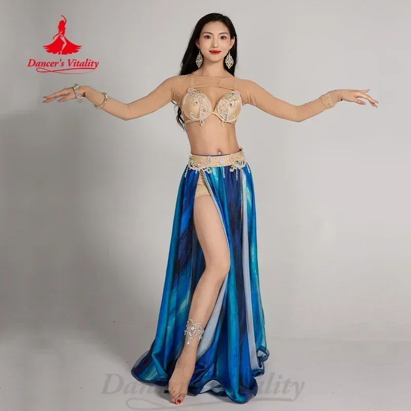 

Belly Dancing Performance Set Exquisite Pearl Bra+Belt+Satin Long Skirt 3pcs Adult Women Oriental Dance Competition Costumes