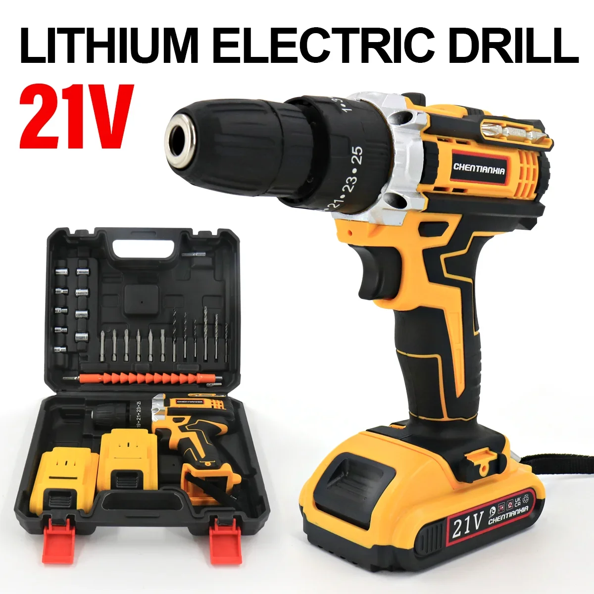 2 Battery 21V Cordless Hammer Drill Driver High Power Electric Screwdriver Set High Power Electric Screwdriver W/ Case