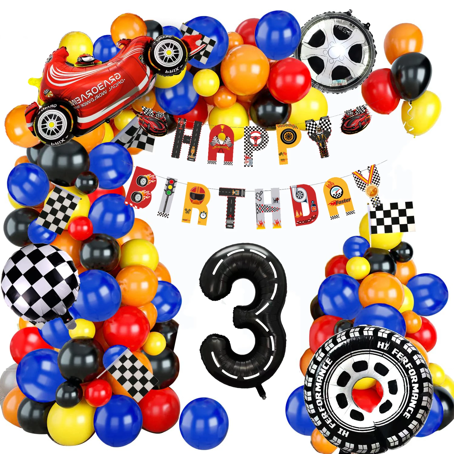 مجموعة قوس بالونات السباق الكل في واحد، تأتي مع علم سحب وأرقام لتزيين حفلات أعياد الميلاد