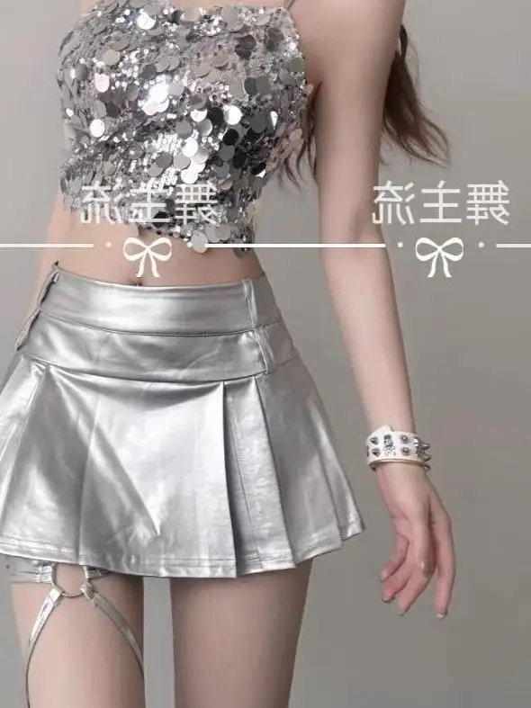 Fashionable Silver Top DJ Lead Bar Performance Costume Women's Chic Sexy Set Stage Outfit Jazz Dance Trendy Ensemble
