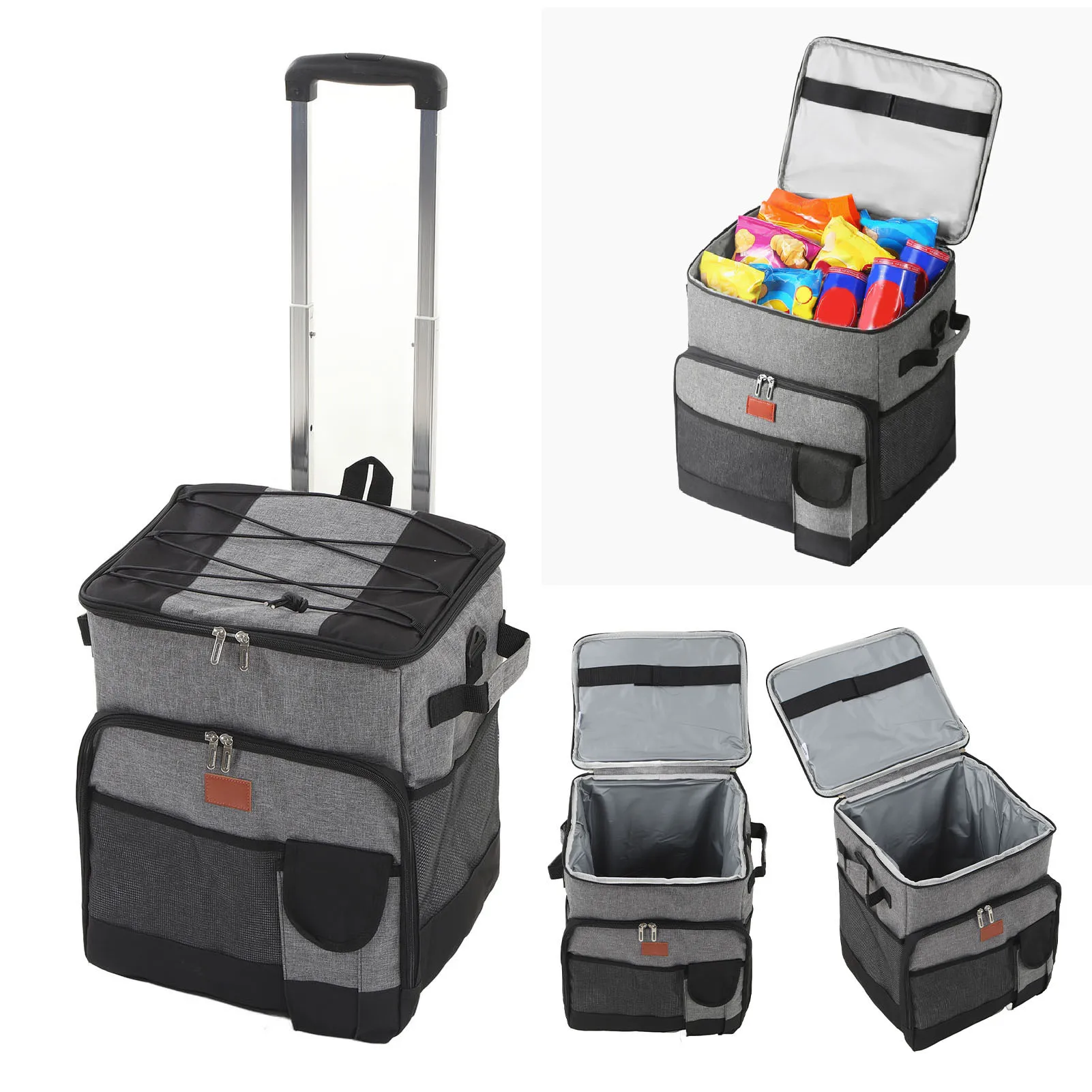 Rolling Cooler with Wheels 35L Rolling Cooler Bag with Wheels Waterproof Oxford Cloth Insulation Bag Lever Type Trolley Box Gray