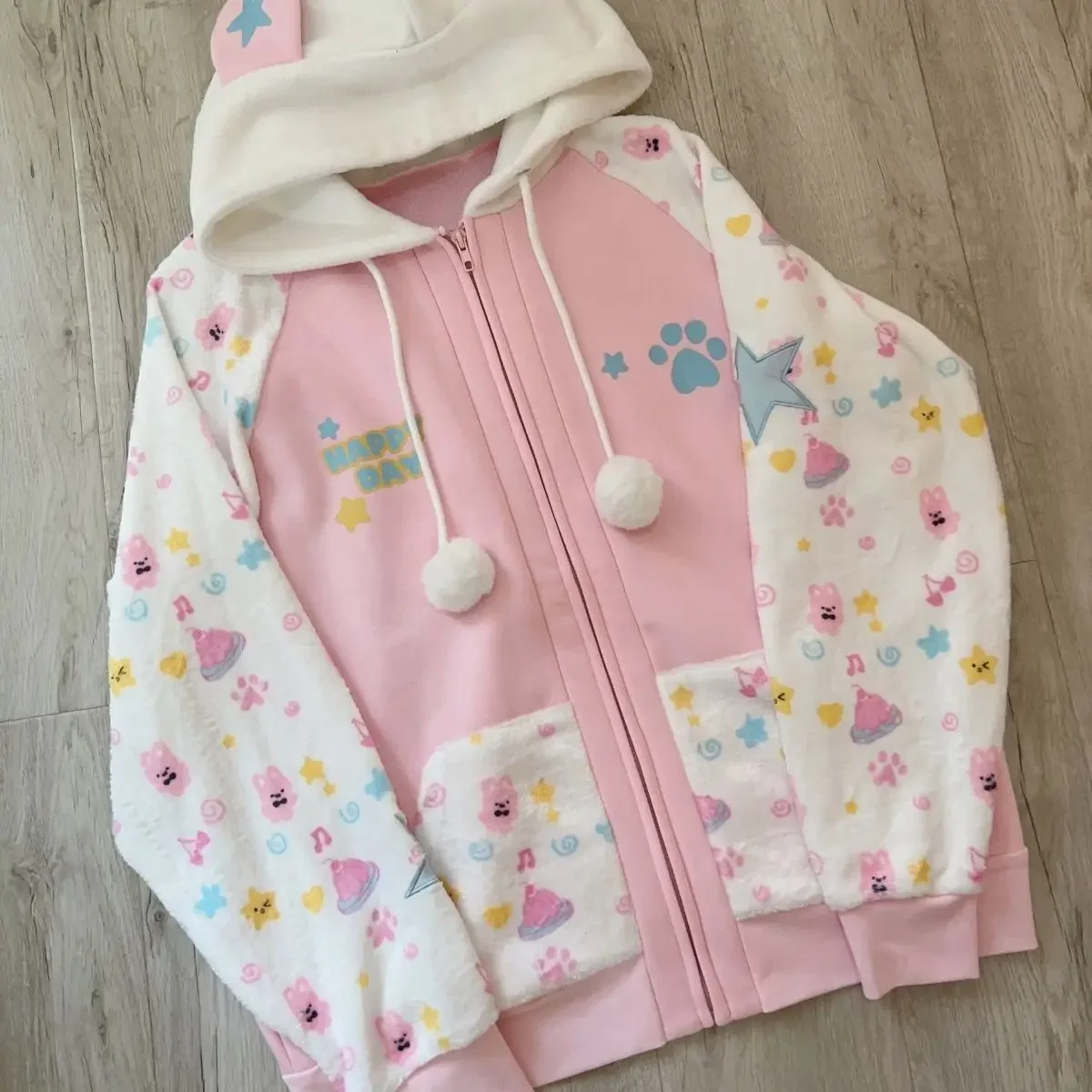 Japanese Imitation Lamb Wool Sweet Girl Zip Up Hoodie Cartoon Y2k Aesthetic Lolita Sweatshirt Fairycore Hooded Jacket Coat