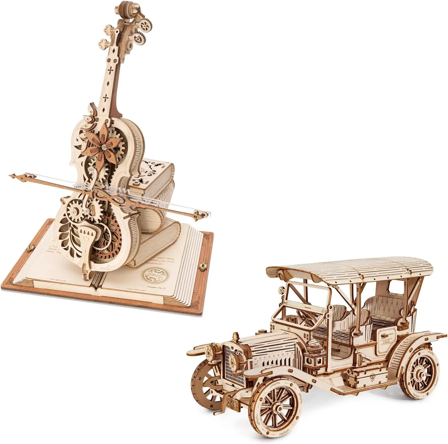 

3D Wooden Puzzles for Adults Bundle Set - Cello Music Box & Vintage Car Model Kit, Unique Gift Hobby for Boys Girls Family