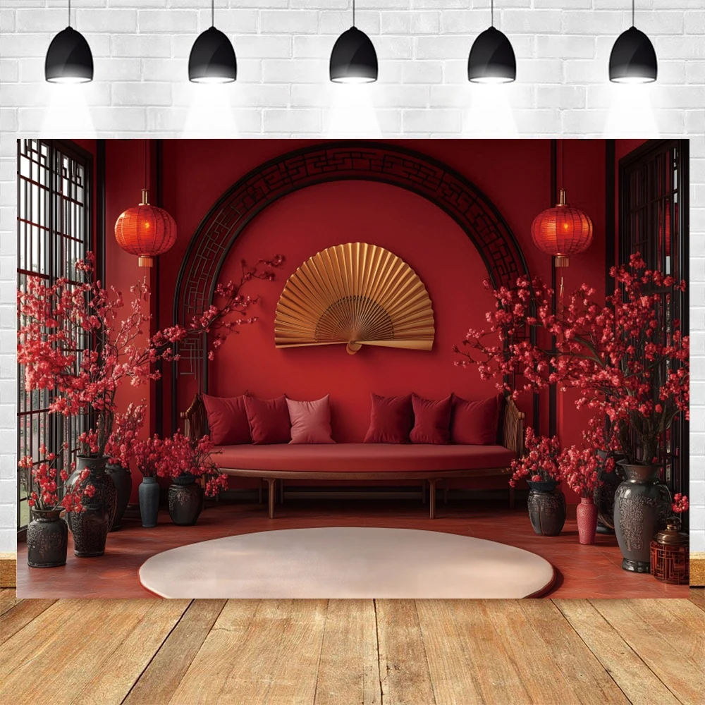 Chinese Style Backdrop Photography Red Lantern Flowers Wedding Party Decor Family Artistic Portrait Background Photozone Props