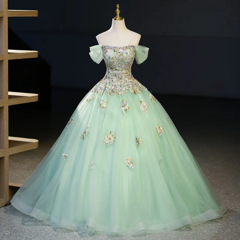 

2026 Adult Ceremony Dress Women's New High End Niche Embroidered Green Yarn Party Dress Performance Art Exam Dress Customization