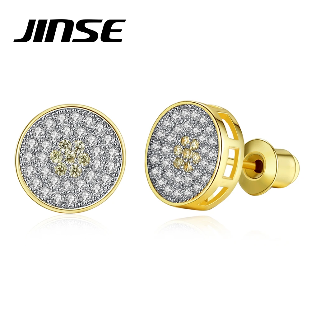 JINSE Clear Iced Cubic Zirconia Hip Hop Studs New Trendy Round Shape Paved Rhinestone Earrings for Men Street Rock Daily Jewelry